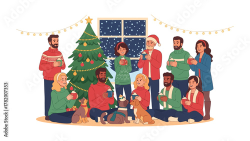 Holiday Warmth: A gathering of friends, family, and furry companions enjoys the warmth of hot beverages, celebrating the season of joy around a beautifully decorated evergreen tree.