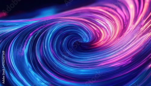 Abstract swirling vortex of vibrant neon blue and pink light trails creating a dynamic fluid motion effect with glowing streaks