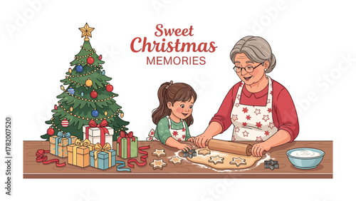 Sweet Christmas Memories: A warm illustration capturing a precious moment of tradition with a grandmother and her grandchild, the scene is adorned with a Christmas tree, presents, and baked goods.