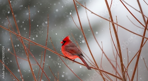 Wallpaper Mural A vibrant male northern cardinal perched on a winter branch amidst gentle falling snow flakes depicting serenity Torontodigital.ca