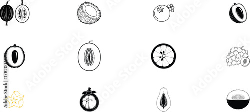 Collection of hand drawn sketch style illustrations of various fruits and vegetables on a white background