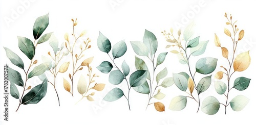 Delicate watercolor painting of various green and golden leaves and branches arranged in a horizontal line over white background