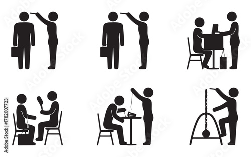  Set of six silhouette icons representing measurement height comparison and scientific experimentation