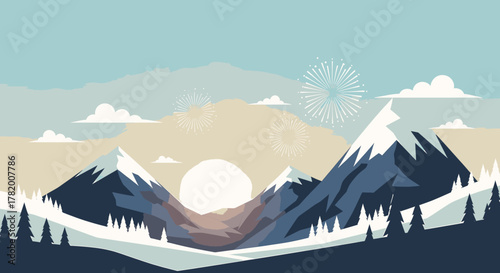Serene winter mountain landscape at dawn featuring vibrant fireworks, abstract flat design vector illustration