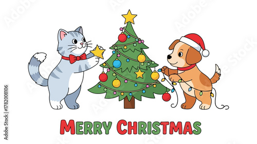 Festive Companions: A heartwarming scene where a playful cat and a cheerful dog come together to adorn a Christmas tree with joyous decorations. A symbol of holiday cheer and camaraderie. 
