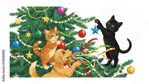 Festive Feline Fun: A cheerful illustration of a cat adorning a Christmas tree, showcasing the spirit of holiday cheer with a mix of joy and playfulness