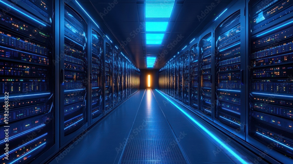 Fototapeta premium Symmetrical corridor inside a modern data center with rows of illuminated server racks and futuristic blue lighting creating a high-tech atmosphere