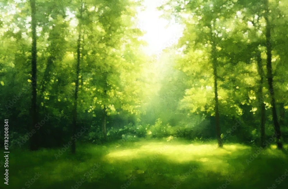 Obraz premium Sunlight filtering through tall green trees illuminating a lush forest clearing with vibrant greenery and peaceful atmosphere