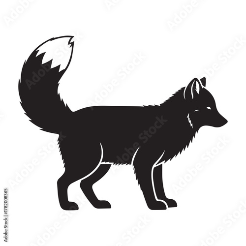 Black silhouette of a fox with bushy tail on white background