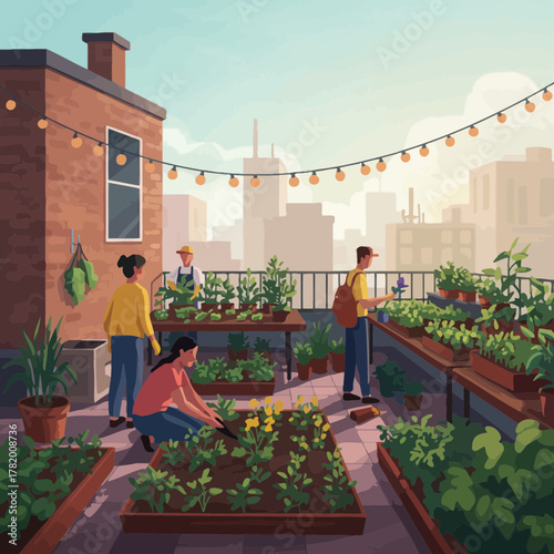 Peaceful Rooftop Gardening Above Urban Skyline