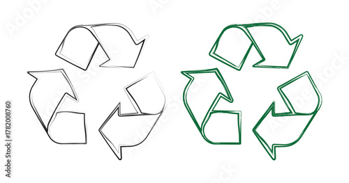 Two recycle symbols, one in black and white and the other in green, on a white colored background