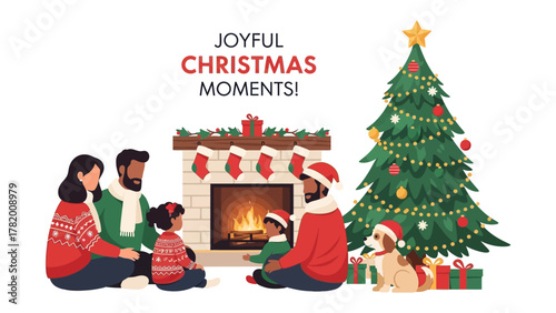 Christmas Gathering: Illustration of a family seated around a fireplace beneath a festively decorated tree, embracing the joyous atmosphere of the holidays.