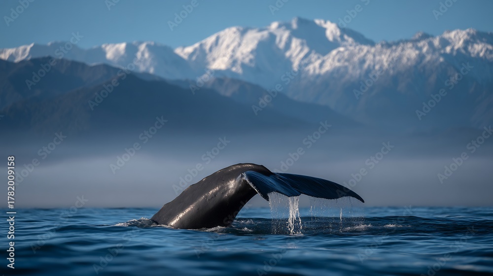 Fototapeta premium Majestic Whale Tail Rising from the Ocean with Mountainous Backdrop at Sunset
