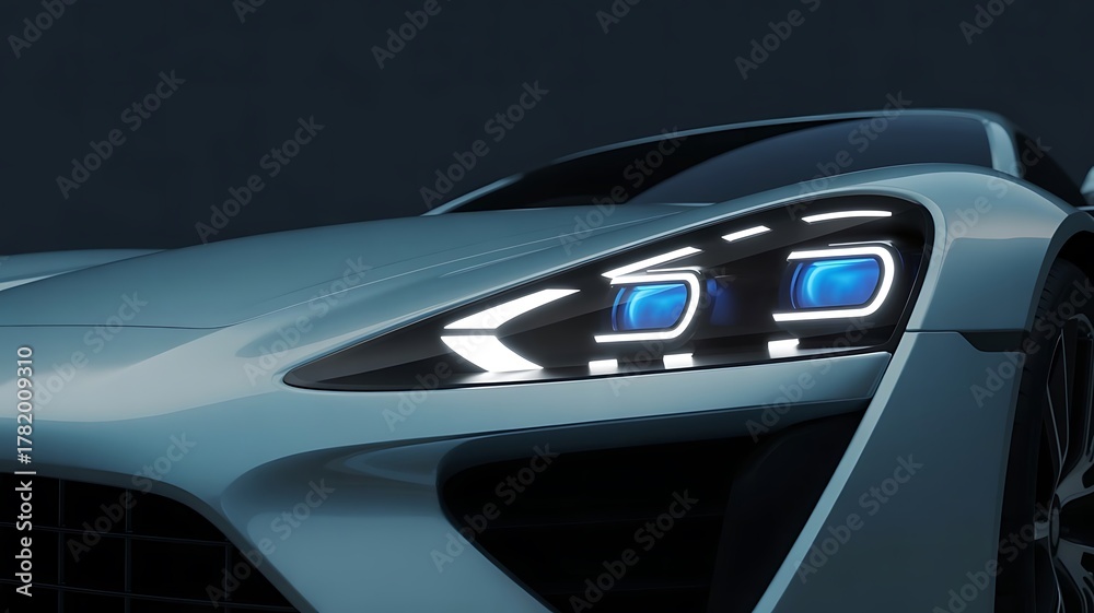 Fototapeta premium Close up of a light blue sports car with bright blue headlights and a dark background around it