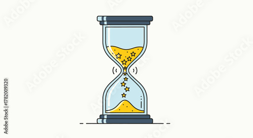 Conceptual vector artwork of a sand timer filled with sparkling stars, illustrating precious time and aspiration