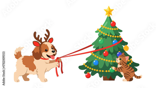 Festive Friends: A charming illustration depicts a playful puppy, adorned with reindeer antlers, joyfully pulling a Christmas tree with the help of a curious kitten.