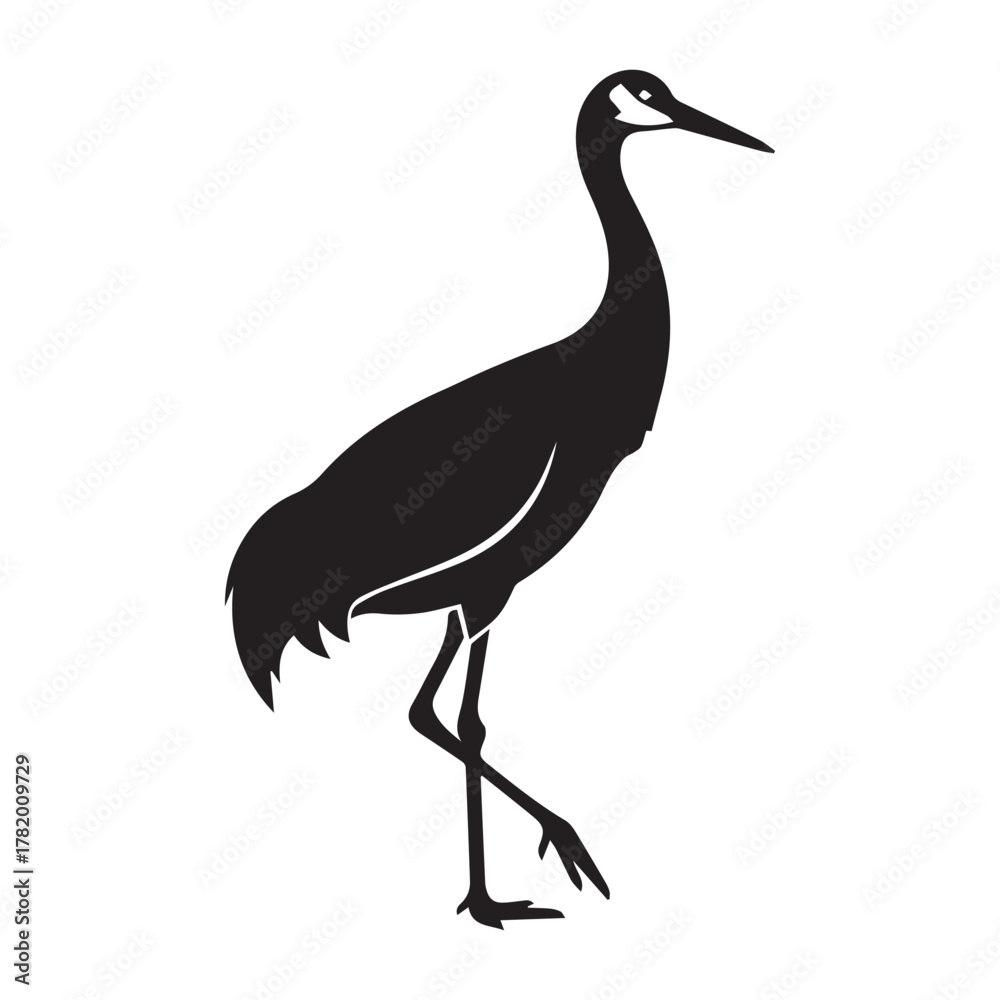 Obraz premium Black silhouette of a walking crane on white background