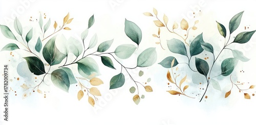 Delicate watercolor illustration of green and gold leaves on thin branches against a light background, evoking serenity and natural elegance