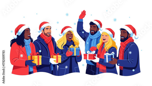 Joyful Winter Gathering: A group of friends, bundled in winter attire, exchange gifts and celebrate a festive holiday season, embodying togetherness and joy.