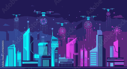 Drones flying over a futuristic neon cityscape at night with glowing cargo