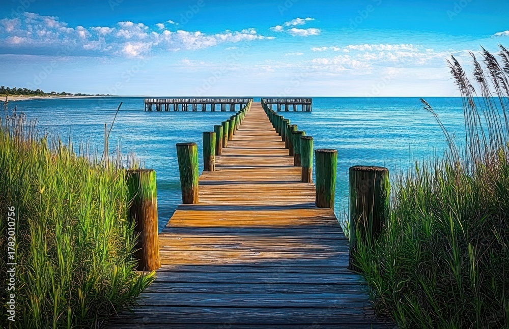 Obraz premium Wooden pier extending into calm blue water with green vegetation on both sides under a bright blue sky with scattered clouds