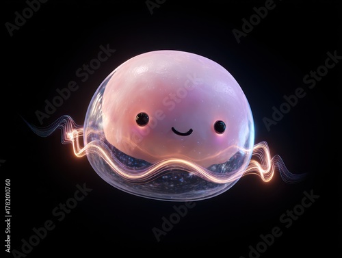A cute jelly-like creature floating in mid-air, looks playful and friendly