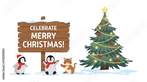 Christmas Cheer: A heartwarming scene with a Christmas tree adorned with ornaments and a wooden sign conveys the holiday spirit, accompanied by cute animal friends.