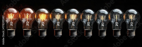 Row of ten incandescent light bulbs against a black background showing gradual change from glowing filaments to unlit bulbs