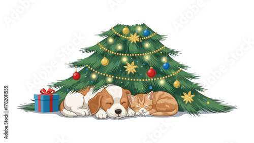 Festive Dream: A cat and a dog are cuddled beneath a sparkling Christmas tree, with gifts placed nearby, capturing the warmth and magic of the season.