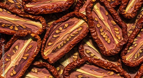 Close-up of sliced, dried tomatoes, revealing seeds and texture. Appetizing, culinary focus