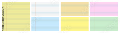 Collection of colorful ruled notebook papers. Ruled notebook paper set with blue, pink, yellow, green and white. Pages for school or office use. Vector illustration.