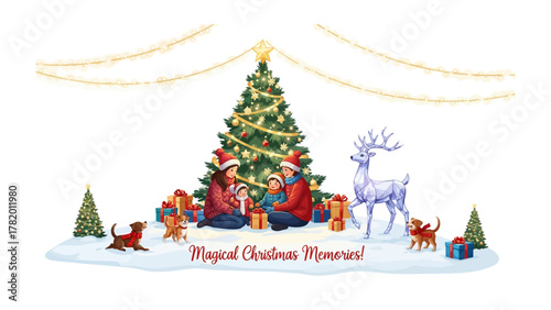 Christmas Moments of Family: A heart-warming scene, capturing a family's joyous Christmas spirit around a festively decorated tree, surrounded by presents, festive dogs and a majestic reindeer.