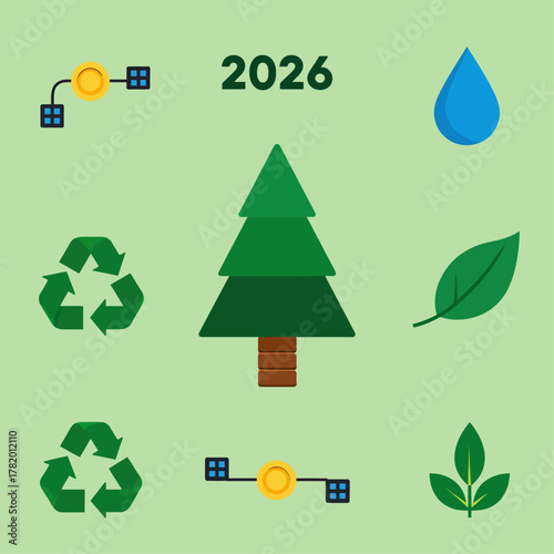 Green tree with recycling symbols and water drop on light background  