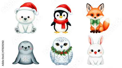 Cute winter animals in Christmas attire celebrating the holidays  