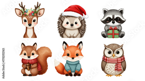 Cute Christmas animal characters in festive attire and accessories  