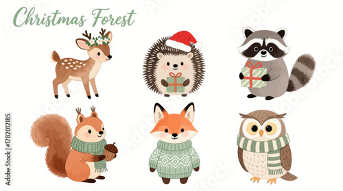 Cute Christmas forest animals in festive sweaters and hats  