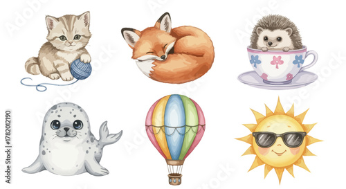 Cute animal illustrations featuring a kitten, fox, hedgehog, seal, balloon, and sun  