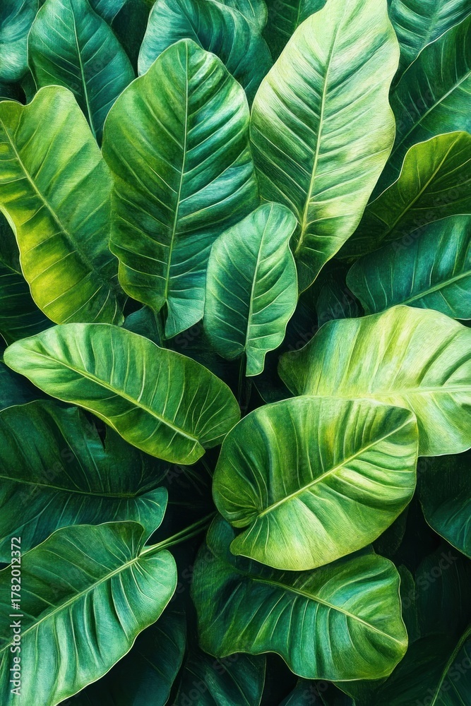 Fototapeta premium Close-up view of lush green tropical leaves with prominent veins and varying shades of green, creating a fresh and vibrant natural display