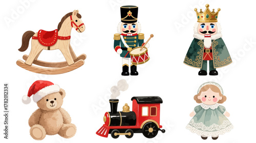Classic Christmas toys including rocking horse and nutcracker figurine  