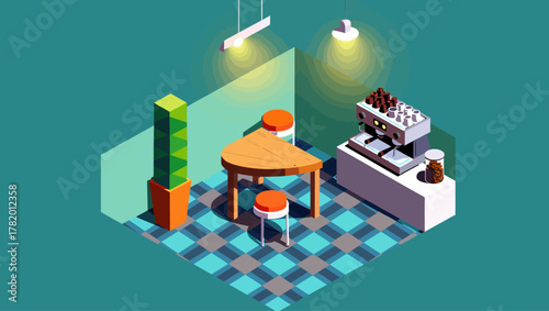 Modern coffee shop interior with tables and espresso machine  