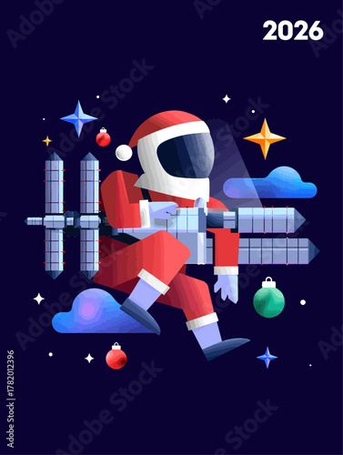 Astronaut dressed as Santa floating in space with Christmas decorations  
