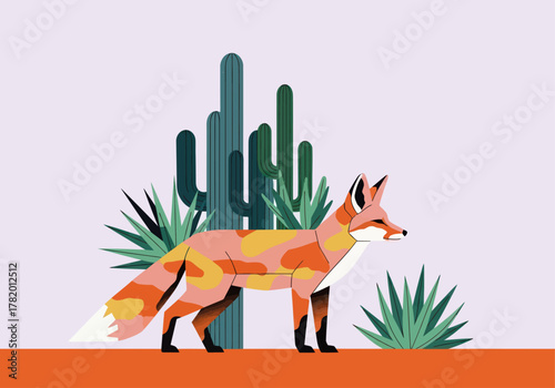 Colorful fox standing near desert plants in a minimalist style  