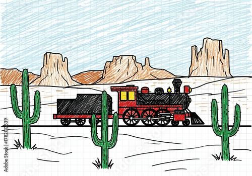 Colorful steam train traveling through desert landscape with cacti  