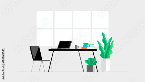 Modern home office desk with plants and laptop by the window  