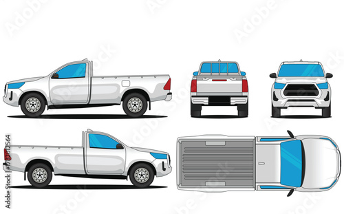 Pickup car vector. Car mockup illustration of a pick up single cab. Isolated on white background, With side, front, rear and top views