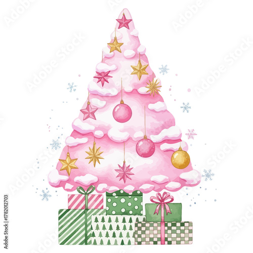 Pink Christmas tree decorated with ornaments beside wrapped gifts  