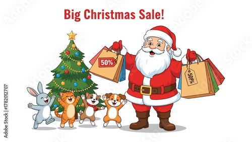 Festive Sale Announcement: Santa Claus and his furry friends joyfully promote a Big Christmas Sale, perfect for spreading holiday cheer and finding the ideal presents.