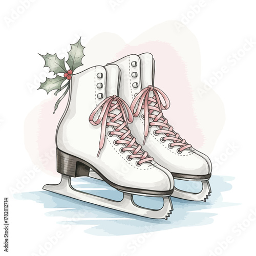 White ice skates with pink laces and holly on white background  