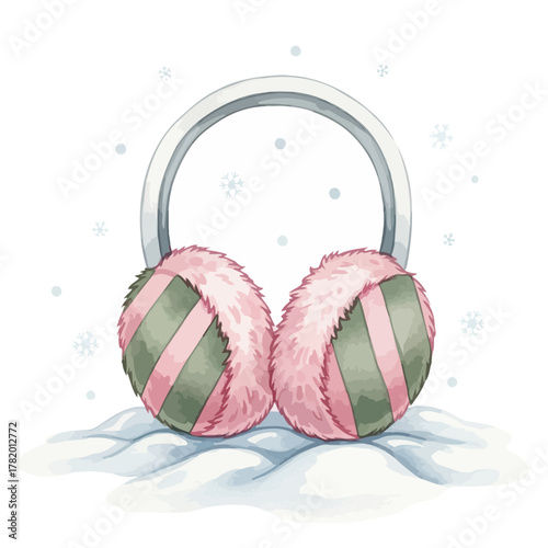 Cozy pink and green earmuffs resting on snow with falling snowflakes  