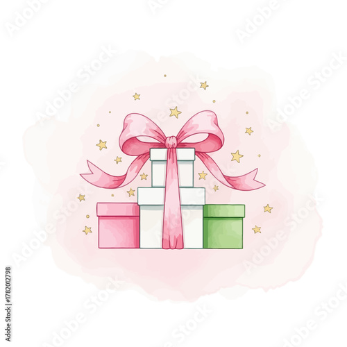 Illustrated gift boxes with pink ribbons and stars on pastel background  